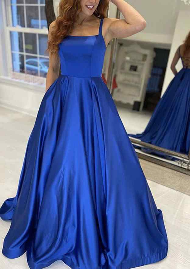 Vestido de fiesta de satén con escote cuadrado, sin mangas, cola larga y bolsillos